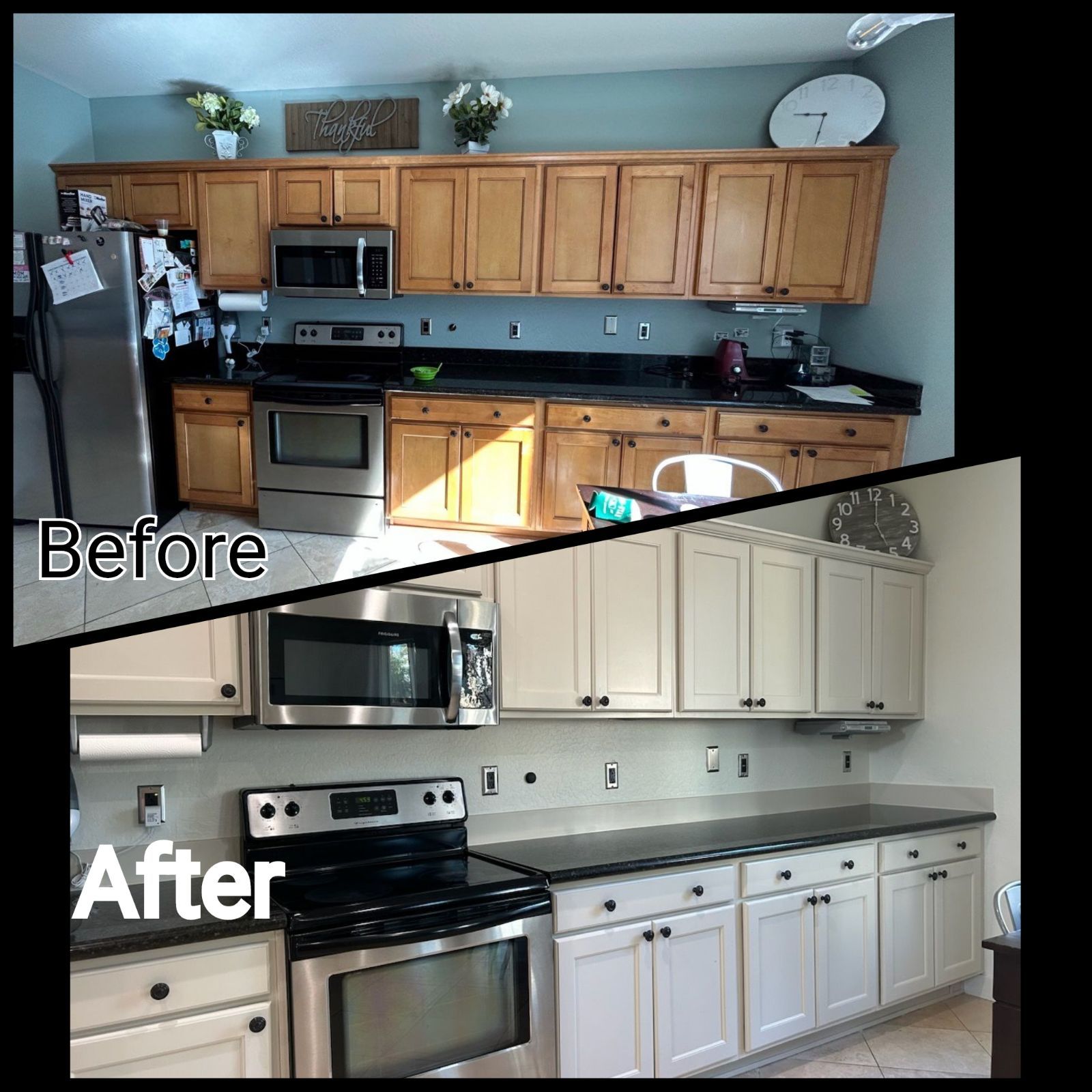 Before and after of a kitchen cabinet refinishing project